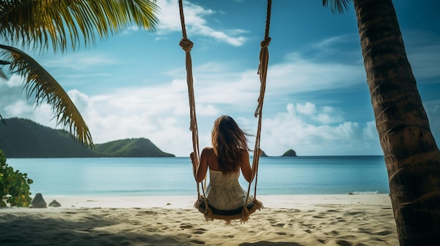 Eine Frau sitzt auf einer Schaukel am Strand.