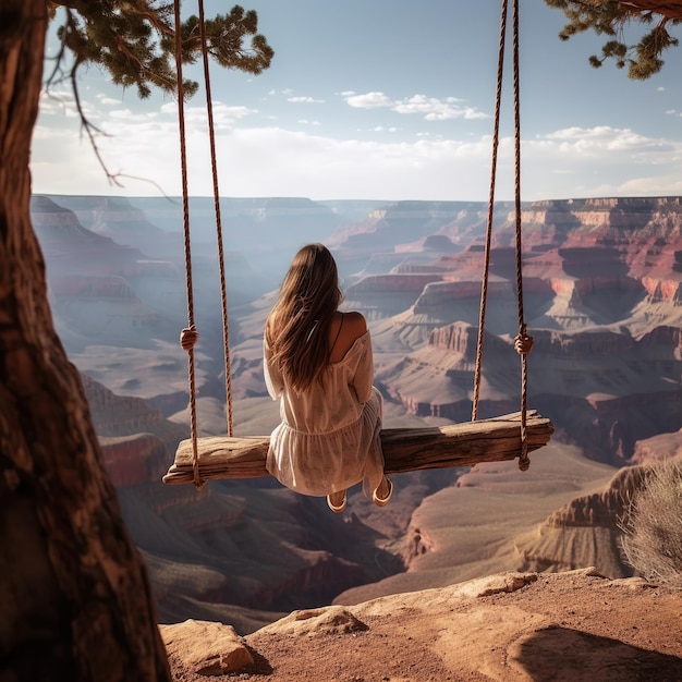 Eine Frau sitzt auf einer Schaukel mit Blick auf den Grand Canyon.