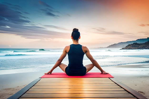 Eine Frau sitzt auf einer Yogamatte auf einem Pier und die Sonne geht hinter ihr unter.