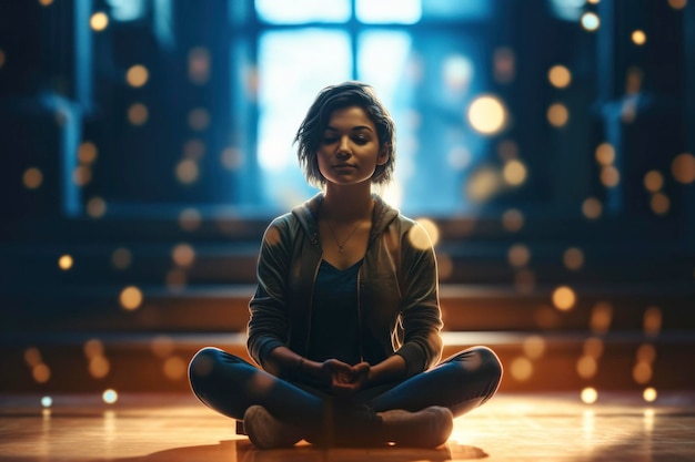 Eine Frau sitzt auf einer Yogamatte vor einem verschwommenen Hintergrund mit Lichtern.