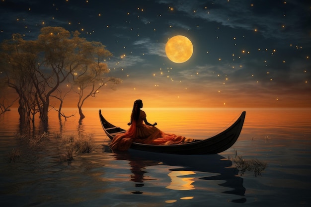 Eine Frau sitzt bei Sonnenuntergang in einem Boot auf einem See