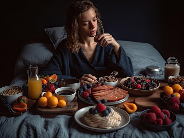 Eine Frau sitzt im Bett und isst ein Stück Nahrung