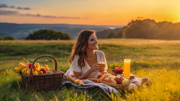 eine Frau sitzt im Gras mit einem Obstkorb und einem Fruchtkorb