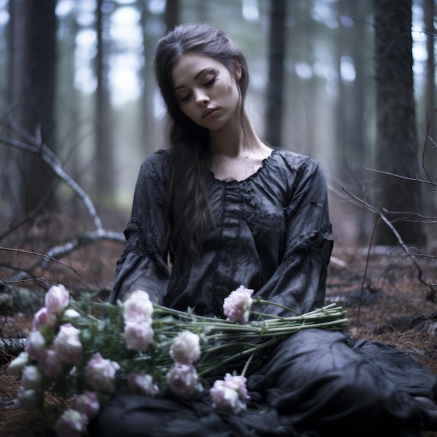 Eine Frau sitzt im Wald und hält einen Blumenstrauß