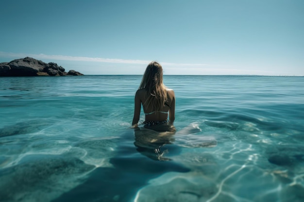 Eine Frau sitzt im Wasser vor einem blauen Ozean.