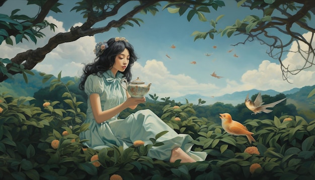 eine Frau sitzt in einem Garten mit einer Teetasse