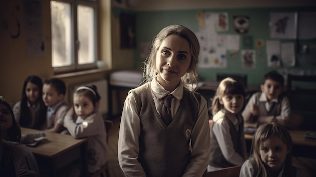 Eine Frau sitzt in einem Klassenzimmer