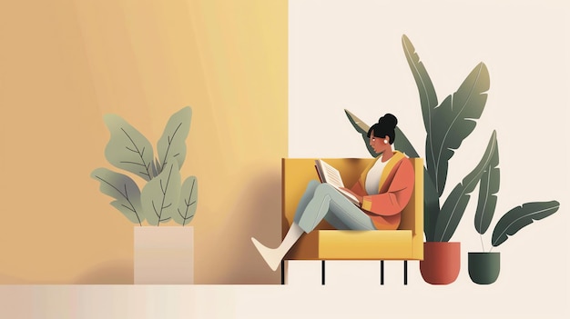 Eine Frau sitzt in einem modernen Wohnzimmer auf einer Couch und liest ein Buch. Im Hintergrund sind Pflanzen.