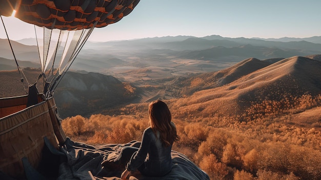 Eine Frau sitzt in einem Zelt mit Blick auf ein Tal mit Bergen im Hintergrund.