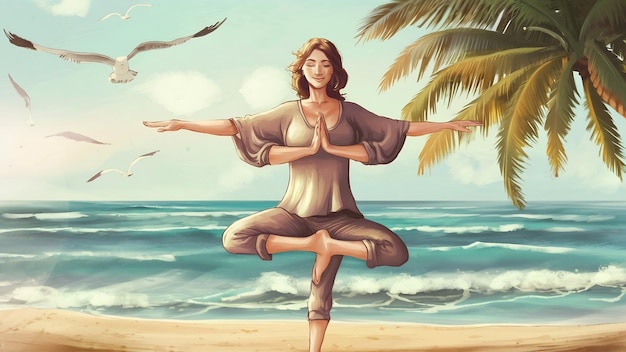 Eine Frau sitzt in einer Yoga-Pose am Strand