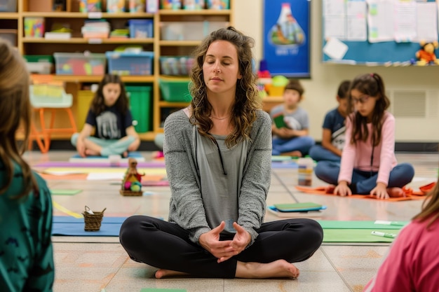 Eine Frau sitzt in einer Yoga-Pose auf dem Boden