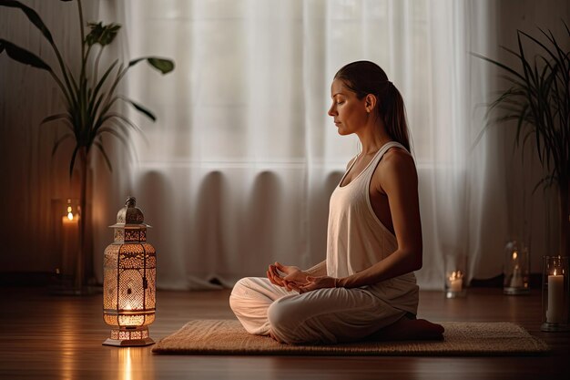 Eine Frau sitzt in einer Yoga-Pose auf dem Boden