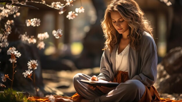 Eine Frau sitzt in einer Yoga-Pose und liest ein Buch, das sie auf dem Schoß hält. Yoga-Praxis und Achtsamkeit