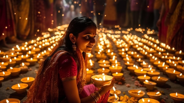 Eine Frau sitzt in Indien vor Kerzen