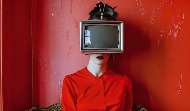 Eine Frau sitzt mit dem Fernseher auf dem Kopf auf der Couch