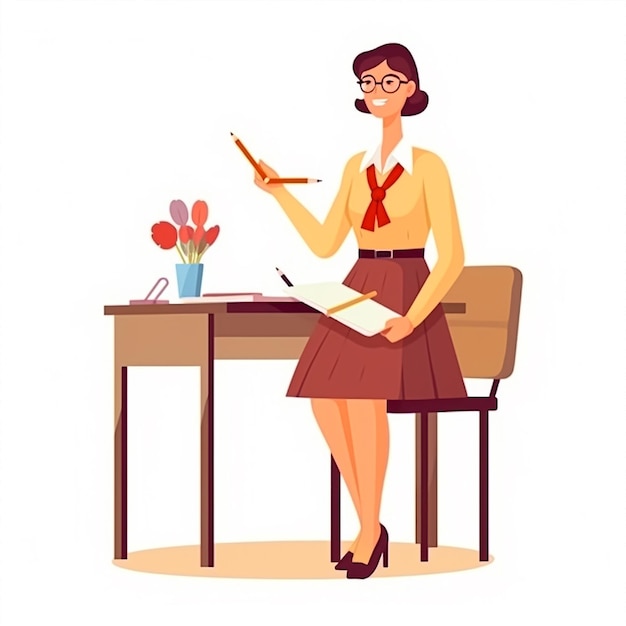 Eine Frau sitzt mit einem Bleistift und einer Blumenvase an einem Schreibtisch.