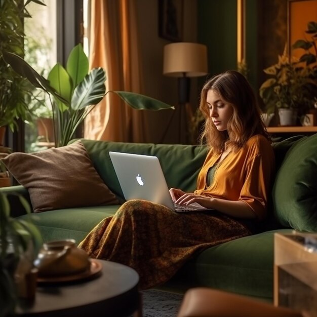 Eine Frau sitzt mit einem Laptop auf dem Schoß auf einer Couch