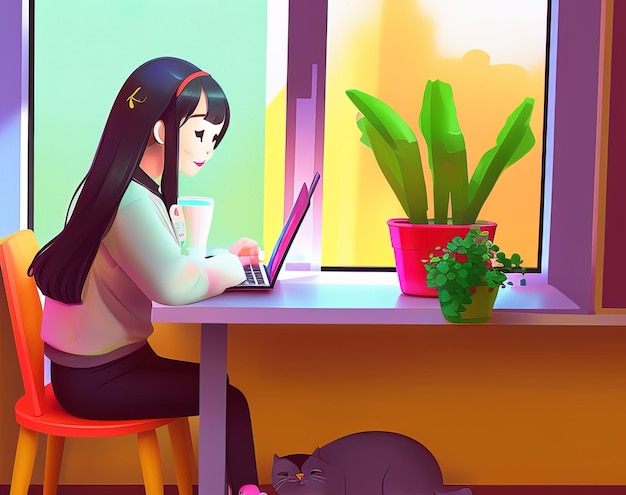Eine Frau sitzt mit einem Laptop und einer Katze auf dem Schoß an einem Tisch.