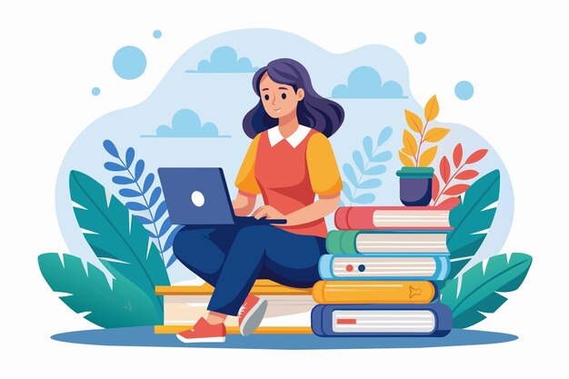 Eine Frau sitzt mit einem offenen Laptop vor einem Stapel Bücher Frau sitzt vor einem Laptop mit Büchern über Online-Lernen Einfache und minimalistische flache Vektor-Illustration