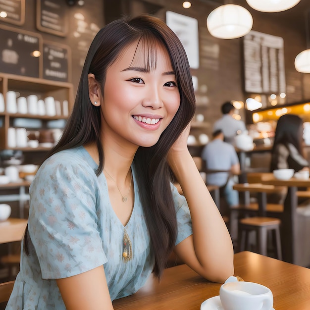 Eine Frau sitzt mit einer Kaffeetasse in der Hand an einem Tisch