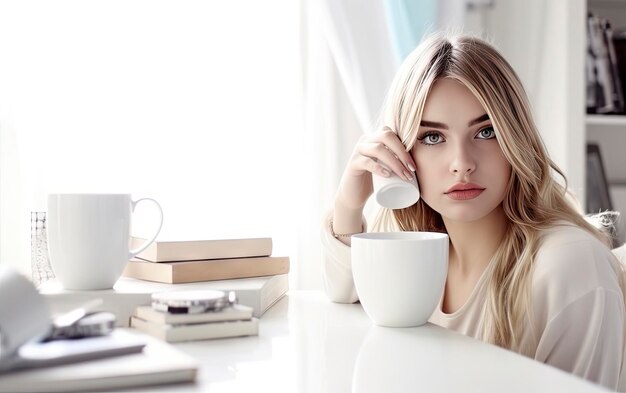 Eine Frau sitzt mit einer Tasse Kaffee an einem Tisch.