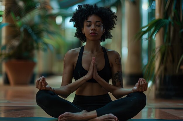Eine Frau sitzt mit geschlossenen Augen in einer Yoga-Position