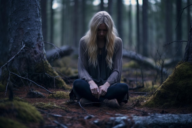 eine Frau sitzt mitten im Wald