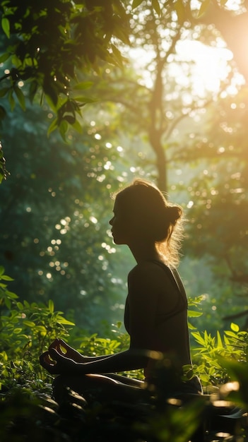 Eine Frau sitzt mitten in einem Wald und nimmt an einer Yoga-Sitzung teil, die von der Natur umgeben ist