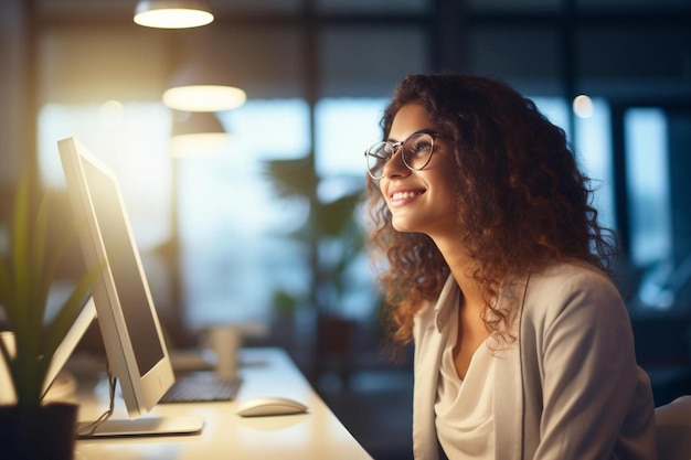 eine Frau sitzt vor einem Computer mit dem Licht dran