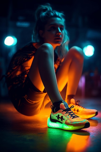 Eine Frau sitzt vor einem im Dunkeln leuchtenden Neon-Sneaker, auf dem Nike steht.