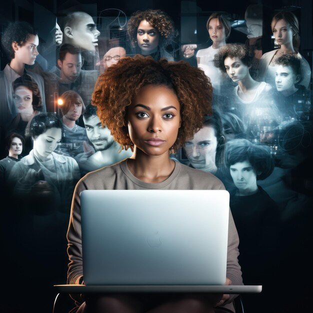 Eine Frau sitzt vor einem Laptop, im Hintergrund sind viele Menschen.