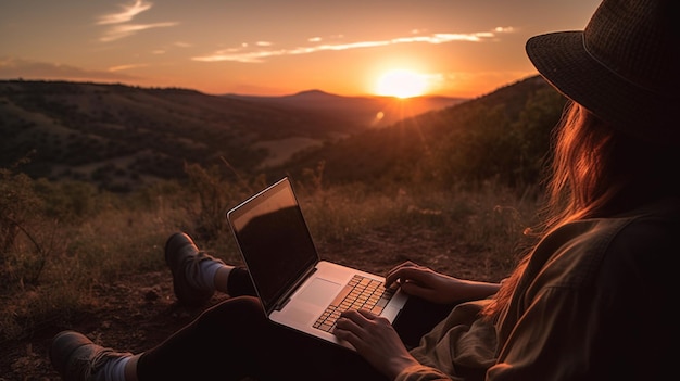 Eine Frau sitzt vor einem Sonnenuntergang und benutzt einen Laptop.