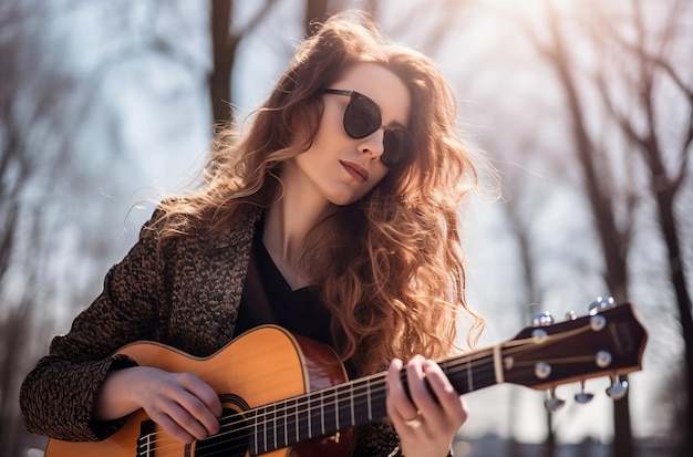 Eine Frau spielt Gitarre in der Sonne