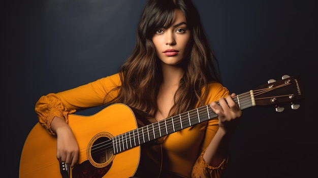 Eine Frau spielt Gitarre in einem dunklen Raum.