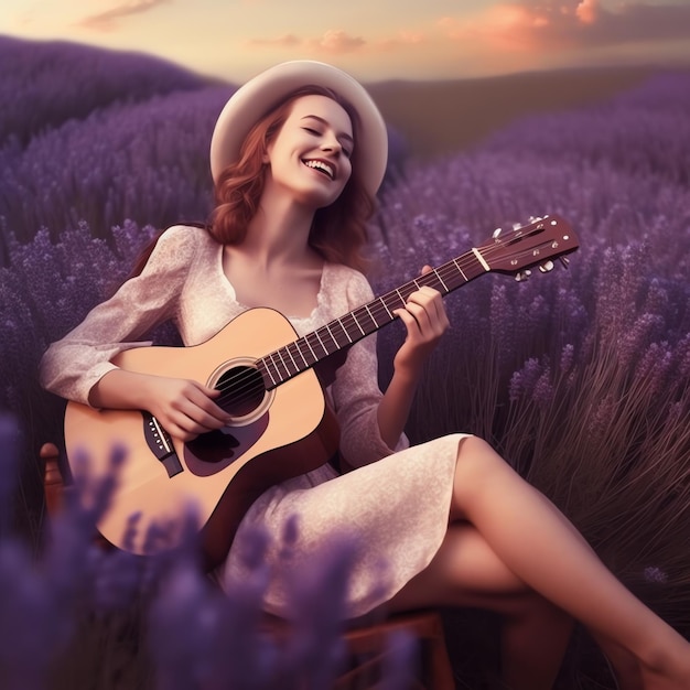 Eine Frau spielt Gitarre in einem Lavendelfeld