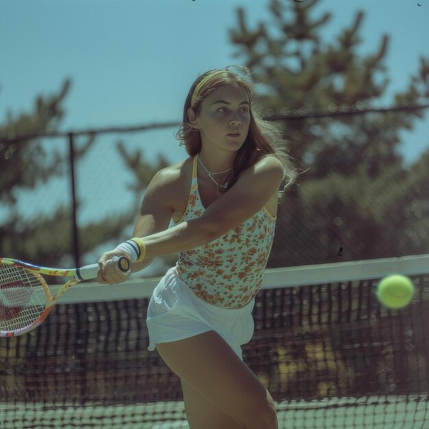 Eine Frau spielt Tennis auf einem Rasenplatz mit einem Tennisschläger unter dem Himmel