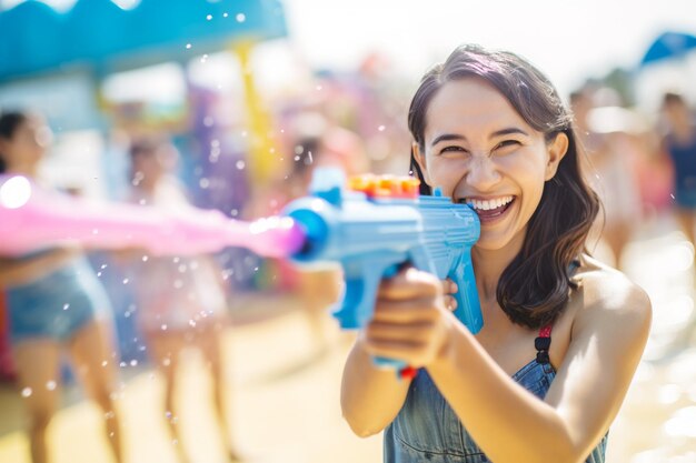 Foto eine frau spielt wasserpistole am songkran-tag