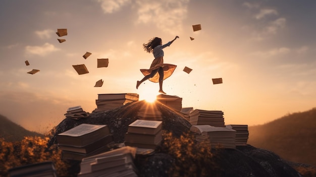 Eine Frau springt mit der Sonne im Rücken über Bücher