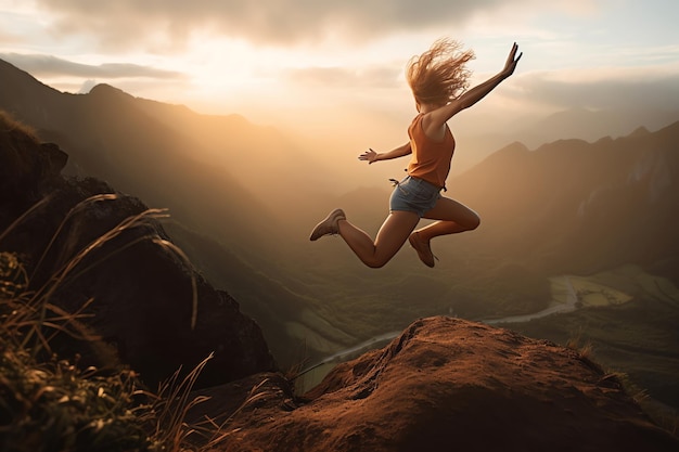 Eine Frau springt über einen Berg mit einem Sonnenuntergang im Hintergrund