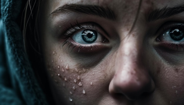 Eine Frau starrt mit Trauer in ihren Augen, die von der KI erzeugten Regen nass sind.
