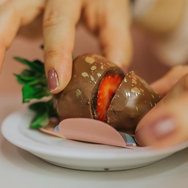 Eine Frau steckt eine Erdbeere in eine mit Schokolade überzogene Erdbeere.