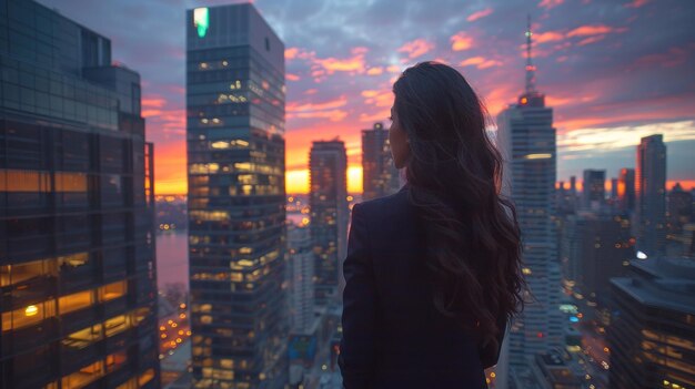 Eine Frau steht am Rande eines hohen Gebäudes mit Blick auf die Stadt unten