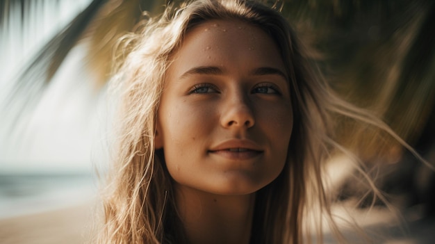 Eine Frau steht am Strand und schaut in die Kamera.