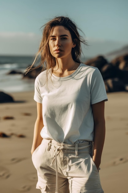 Eine Frau steht am Strand und trägt ein weißes T-Shirt und eine weiße Hose.