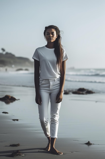 Eine Frau steht am Strand und trägt weiße Hosen und ein weißes Top.