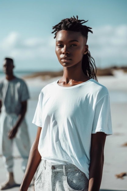 Eine Frau steht an einem Strand und trägt ein weißes T-Shirt und ein weißes Hemd.