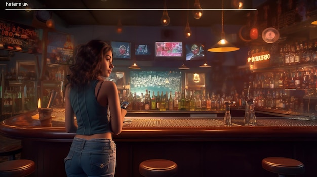 Eine Frau steht an einer Bar mit einem Fernsehbildschirm, auf dem „die Zahl 5“ steht.