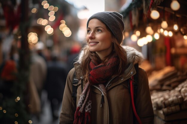 Eine Frau steht auf dem Weihnachtsmarkt auf dem Hintergrund des Weihnachtsfestivals im Bokeh-Stil