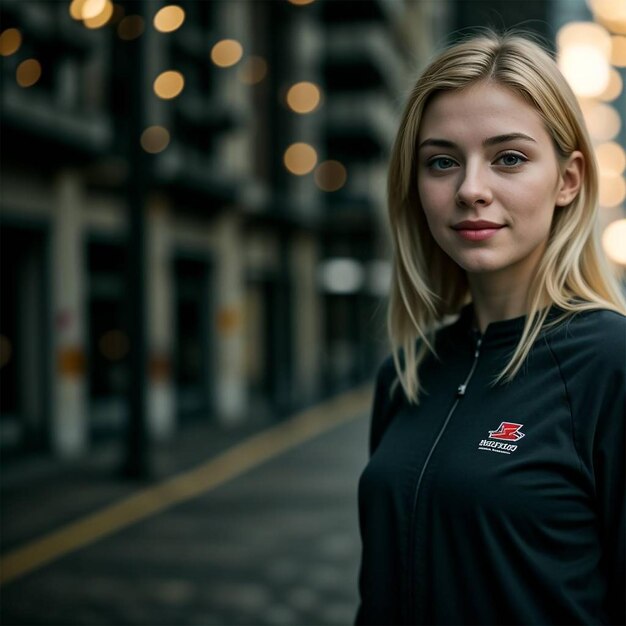 eine Frau steht auf der Straße und trägt eine Jacke mit einem Logo darauf