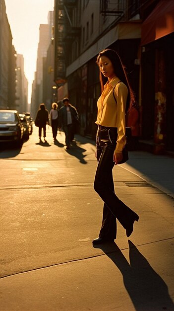 Eine Frau steht auf einem Bürgersteig vor einem Gebäude, hinter ihr scheint die Sonne.